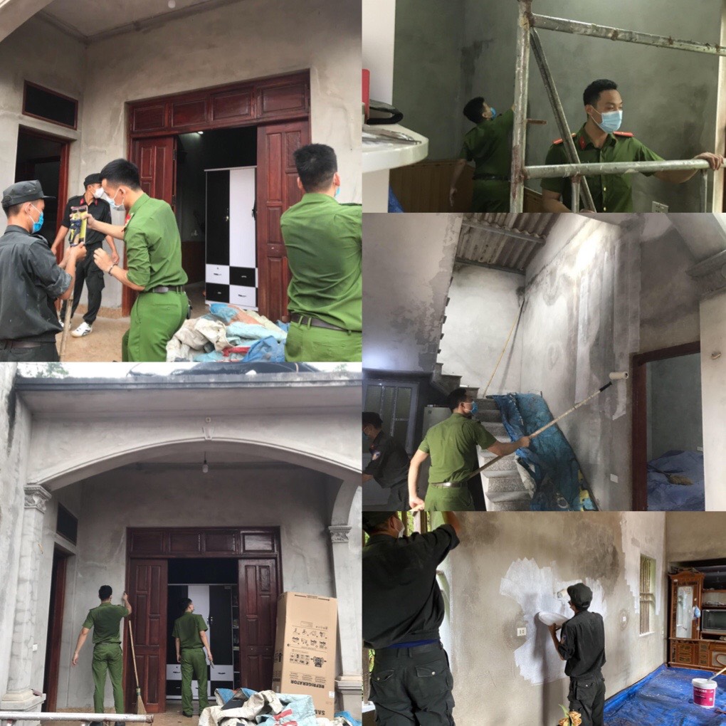 Đoàn thanh niên Công an huyện và Tiểu đoàn Cảnh sát cơ động số 2 giúp gia đình chính sách và hộ nghèo tại xã Vân Trung sơn nhà